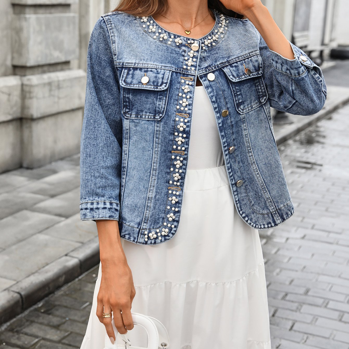 Women's Beaded Plus Size Denim Jacket Coat Short Spring And Autumn Top