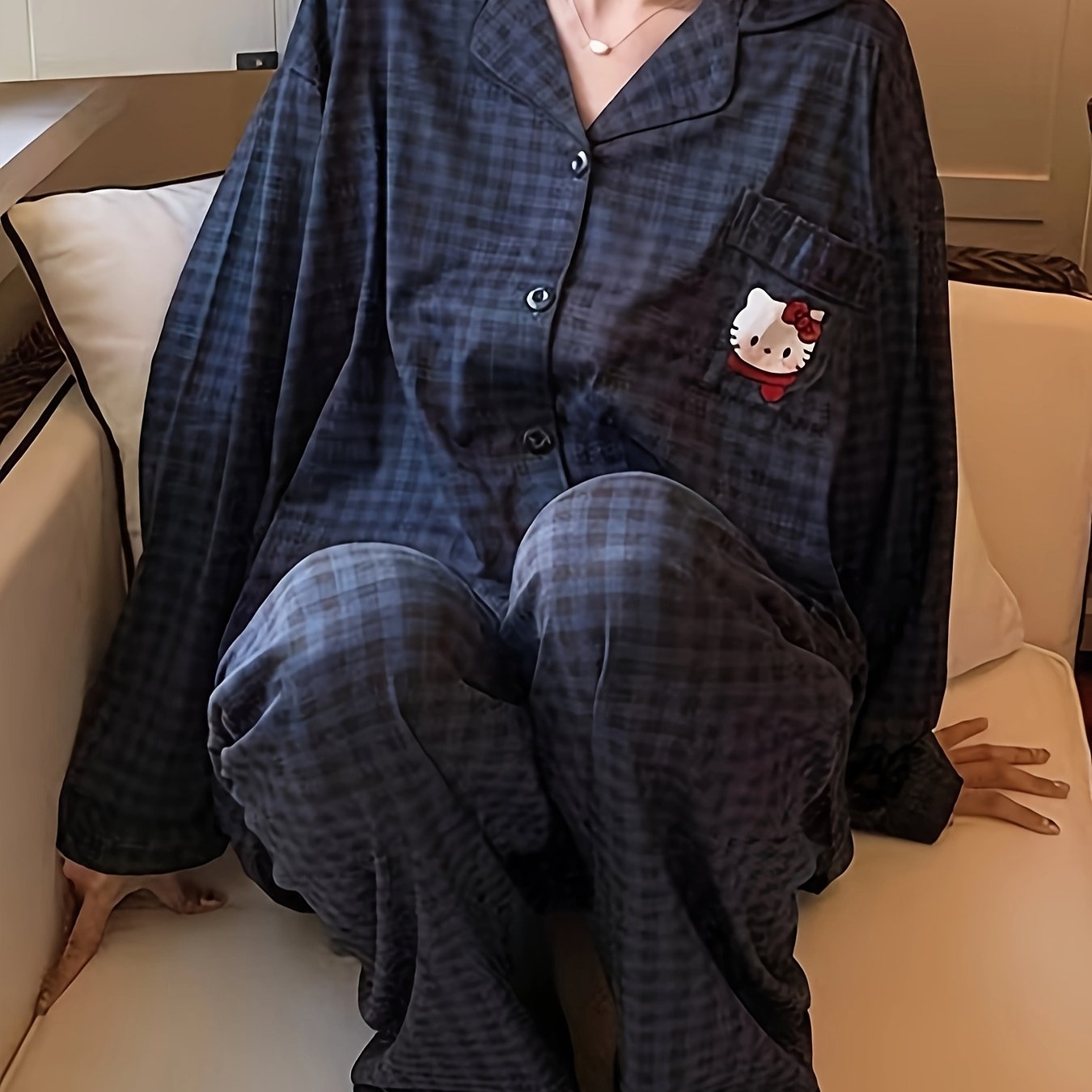 Spring And Autumn Cute Hello Kitty Pattern Pajama Set, Casual Lapel Checkered Sleepwear, Set