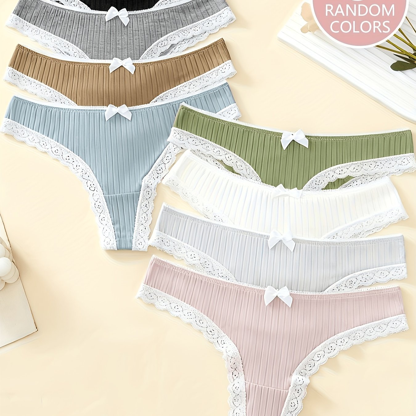 TEMU 5 Random Color Striped Fabric, Soft And Comfortable, Sweet Bow, , Daily Wear Ladies Underwear For Spring And Summer
