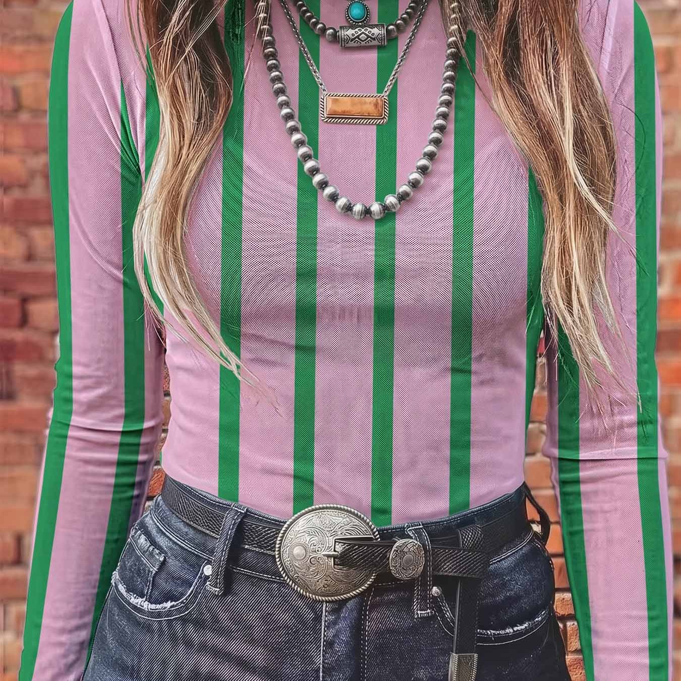 TEMU Women's Sheer Mesh Sexy Top With Vertical Stripe Pattern, Print Design, Breathable, Comfortable, Skin-friendly, Stretchy Fabric, Elegant And