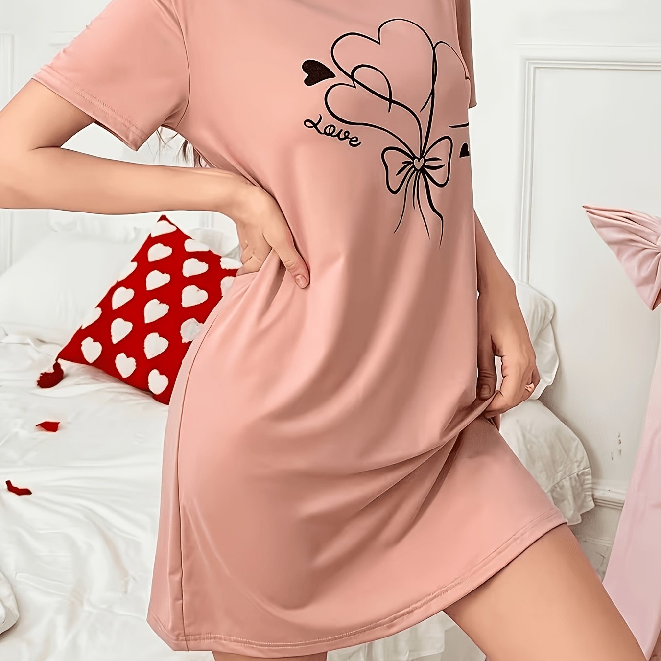 TEMU Heart Balloon Cartoon Print Short-sleeve T-shirt Nightdress, Moo Moo Loose Fit Round Neck Nightdress