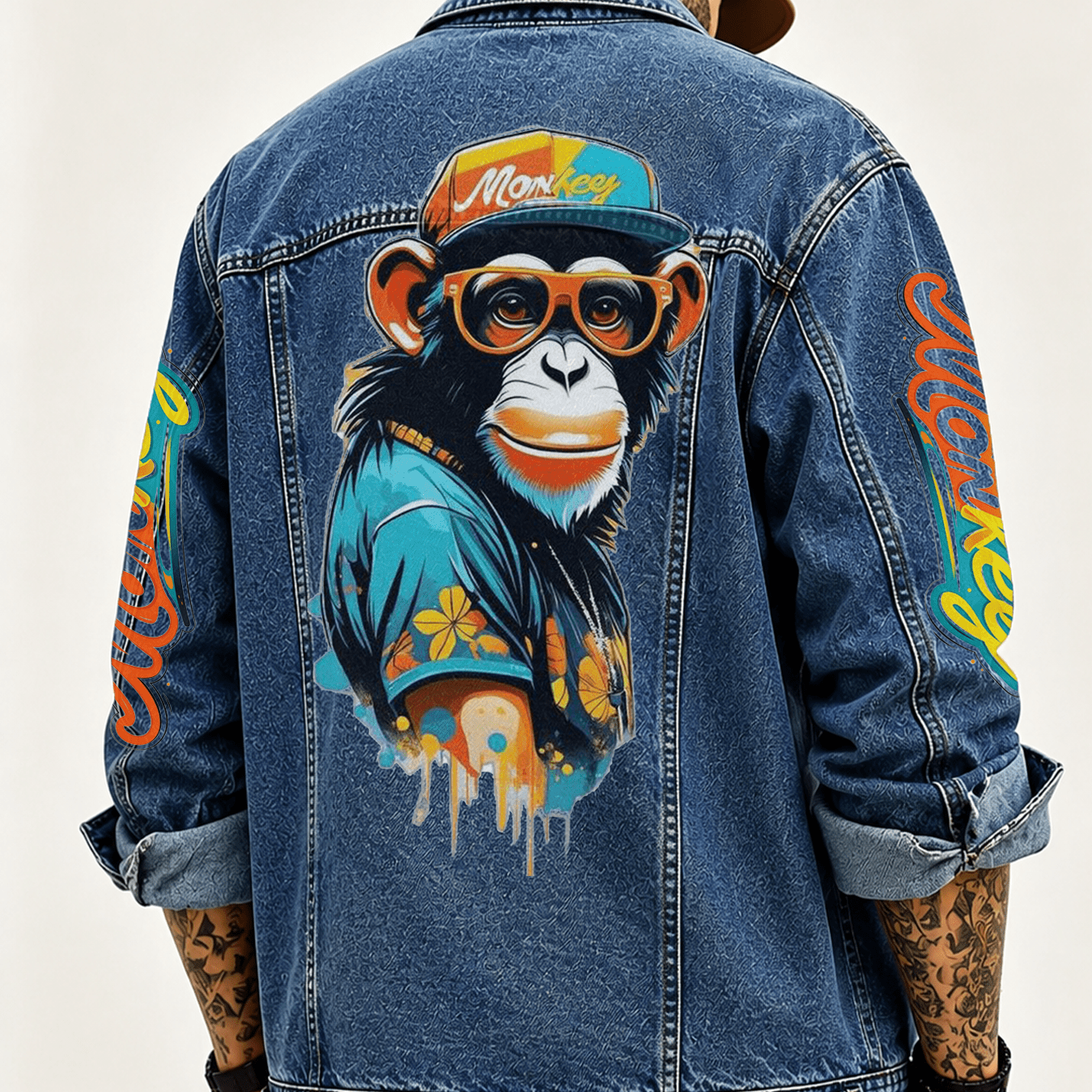 Image of Unisex Denim Jacket Monkey Graphic Print Vintage Washed Loose Fit Trucker Jean Coat Button Lapel Streetwear Outerwear