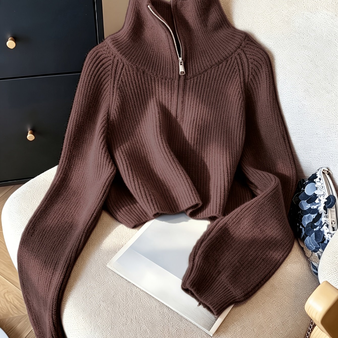 TEMU Pull d'automne-hiver à demi-zip et revers, vêtement d'extérieur ample pour femmes, pull tendance de base, veste pull décontractée courte à