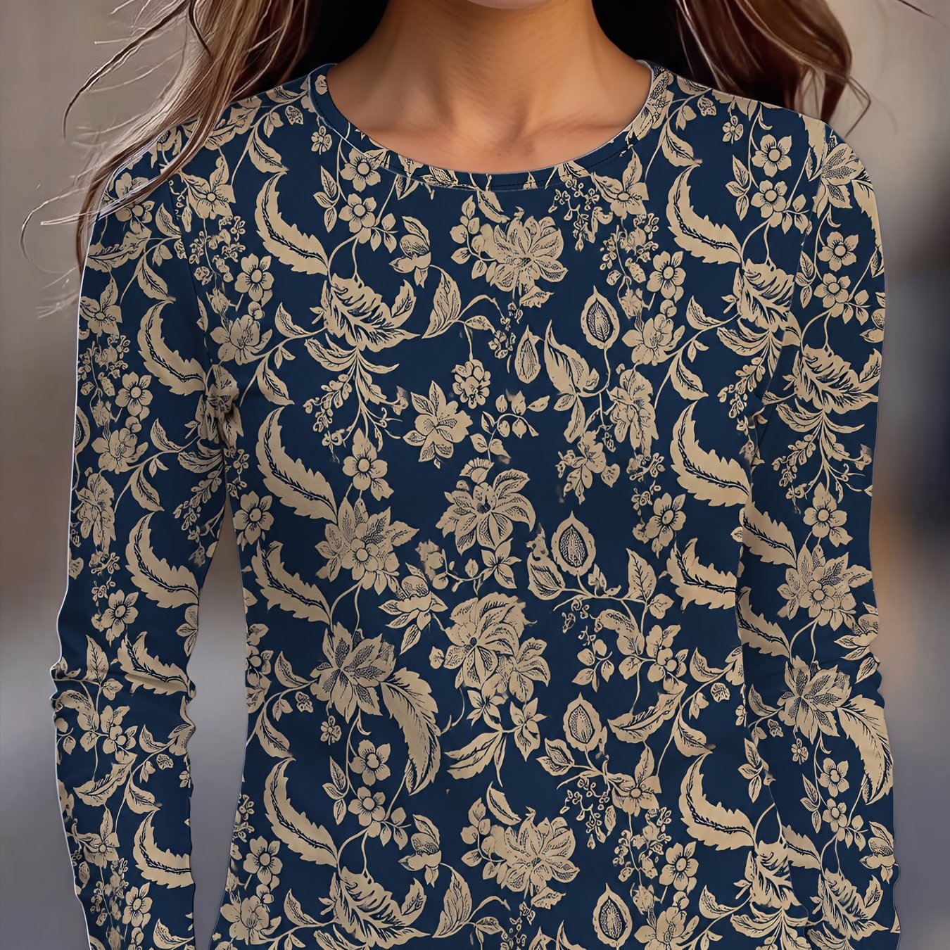 TEMU Women's Round Neck Long Sleeve T-shirt With Vintage Floral Vine Print, Bohemian Style Fabric, Soft And Comfortable, Print Design, Machine
