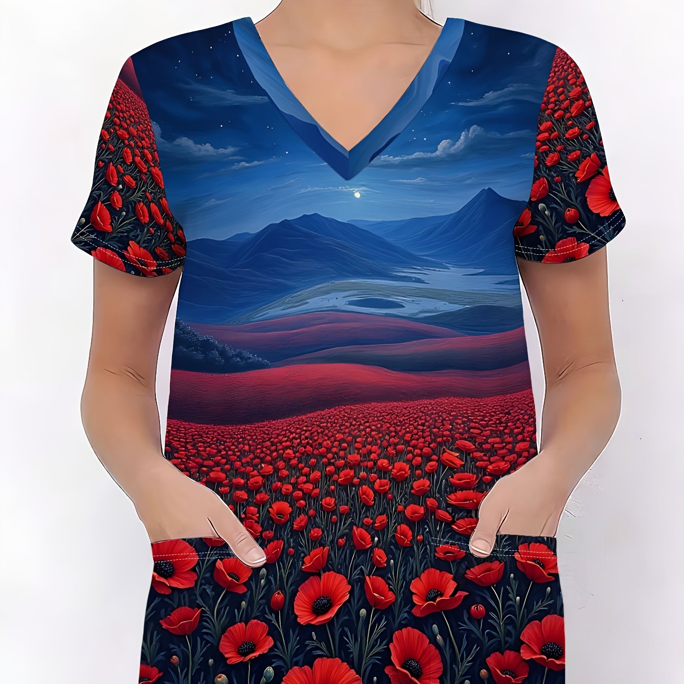 TEMU T-shirt à col en V pour femme - Blouse à manches courtes avec imprimé intégral de montagne et rouges, convient aux uniformes de travail, tenues