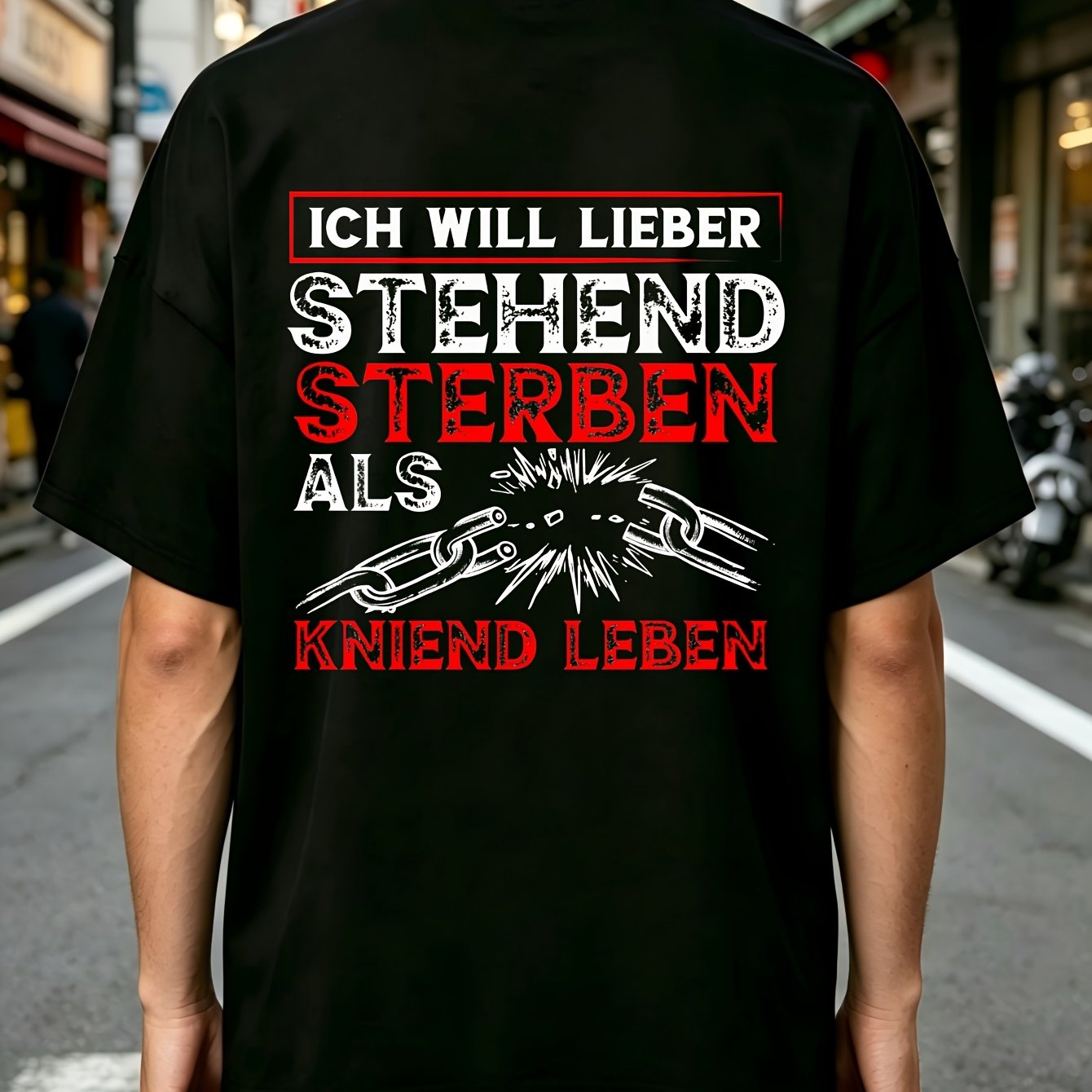 Image of T-shirt With German Text To Stand And Die Than To Live On My Knees Back Tshirt Perfect For Home Outdoor Work Gifting Birthdays Valentines Day Fathers Day All Sizes