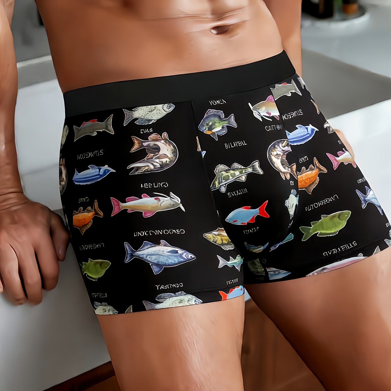 Image of [ Fish Print Underwear] Men's Stretchy Boxer Briefs With Print - Black With Colorful , Casual & , Novelty Underwear | Print Underwear