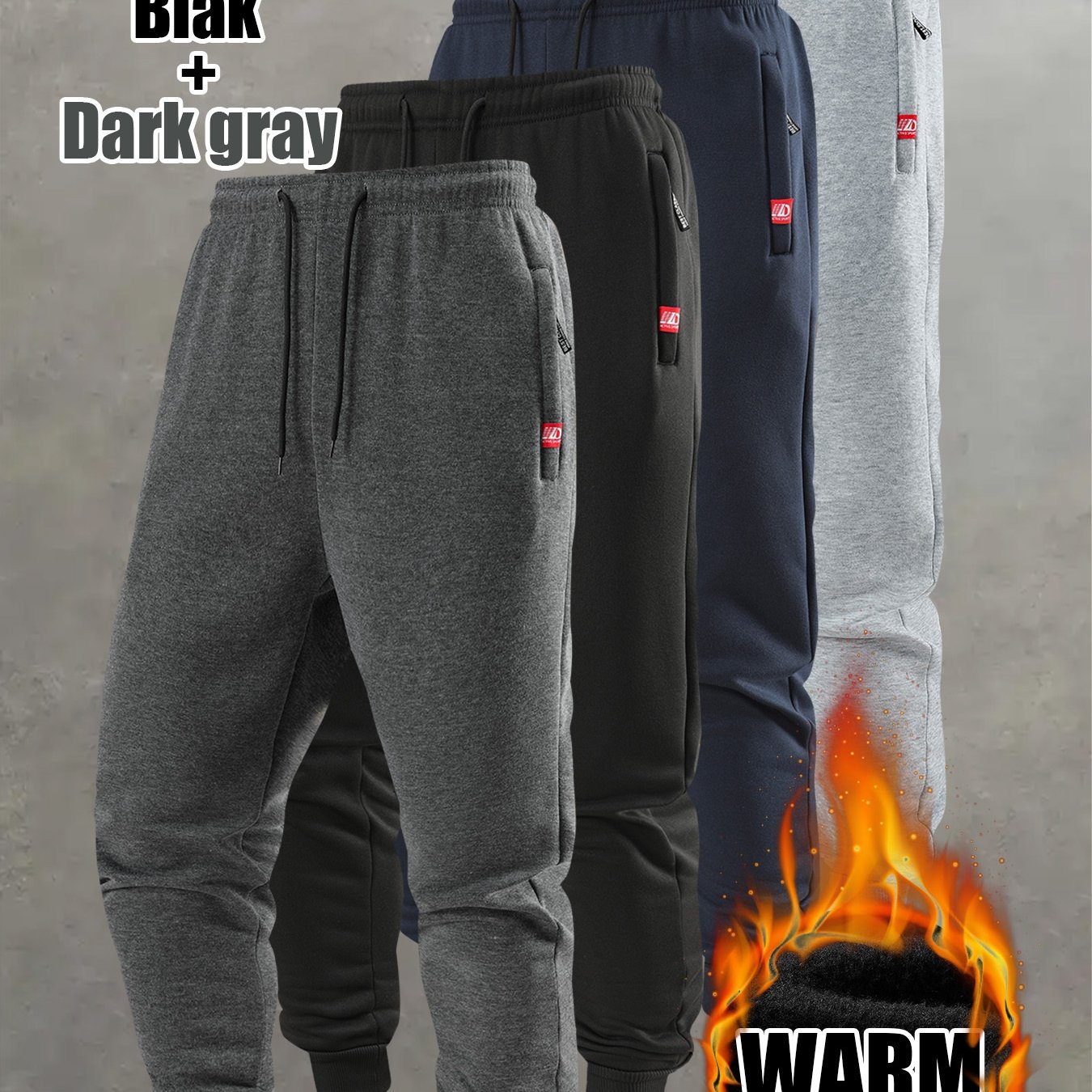 TEMU 2pcs Men's Casual Athletic Fleece Jogger Pants Set, Fleece-lined Warm, Double-sided Zipper Pockets, Elastic Waist Drawstring, Fit, Ideal For