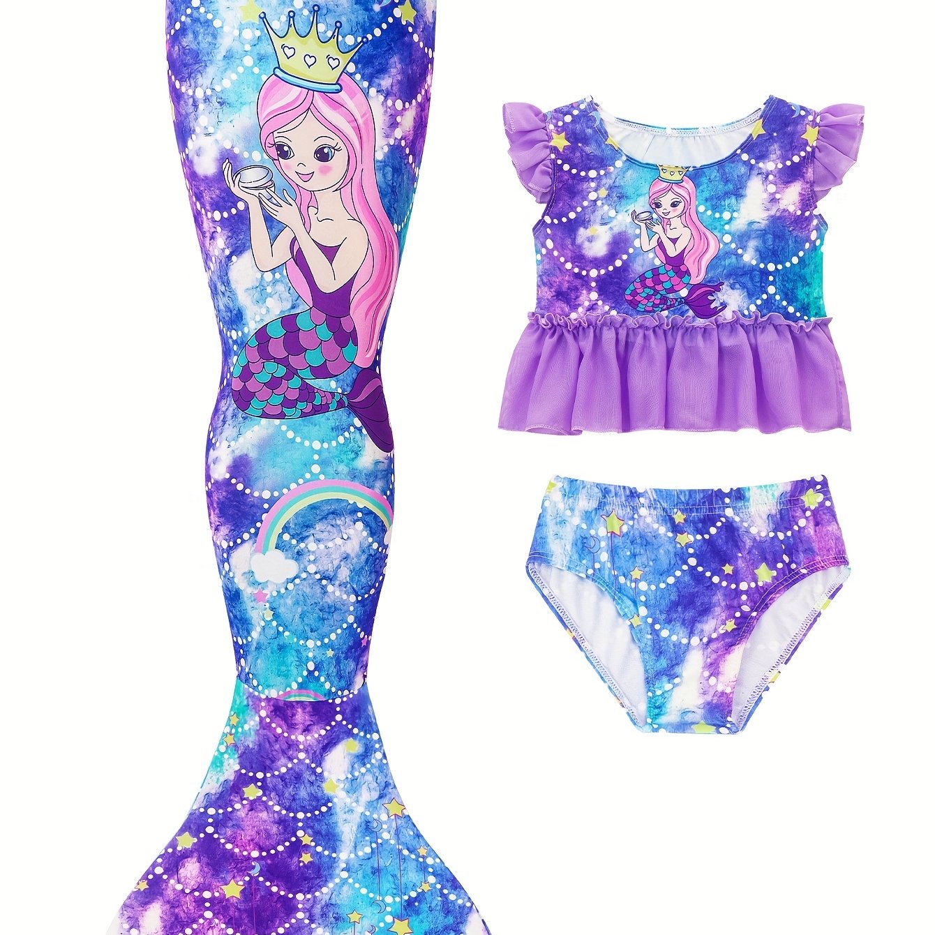 girls mermaid swimsuit cosplay costumes ruffle top shorts bottoms mermaid tail bikini bathing suit