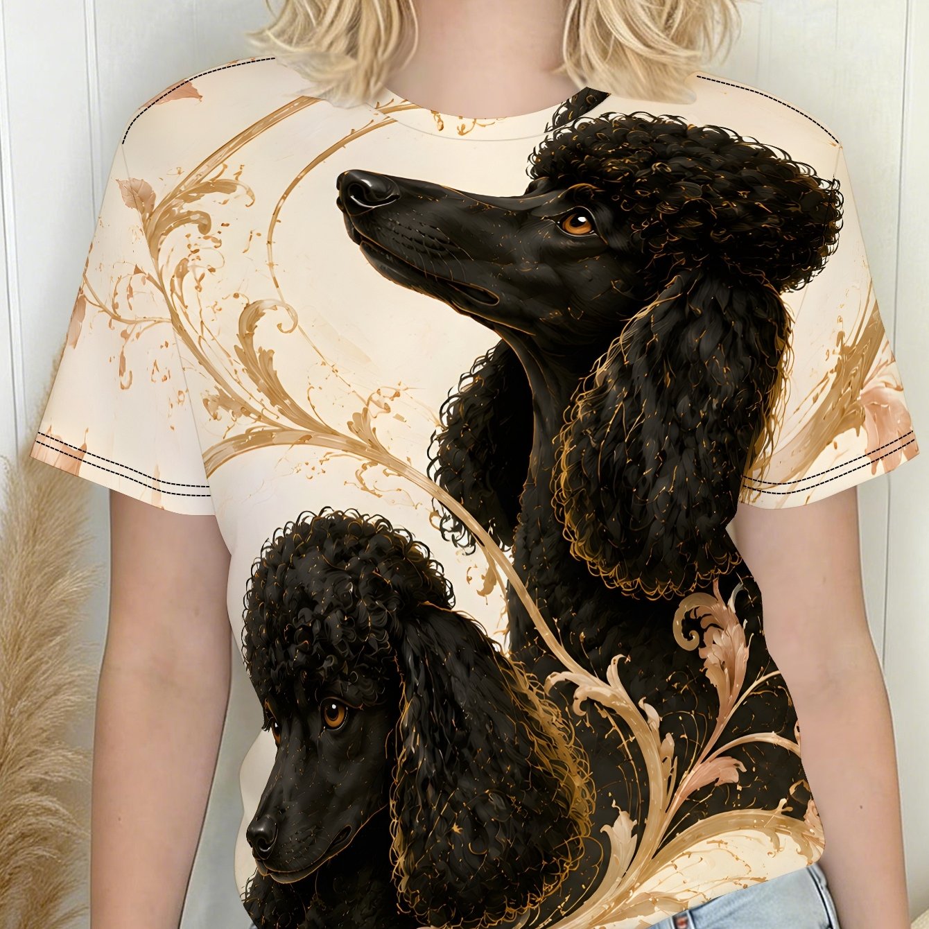 TEMU Women's Poodle & T-shirt - Full-body Poodle Print Short Sleeve Round Neck Suitable For Summer Beach, Vacation, Daily Wear, Machine Washable For