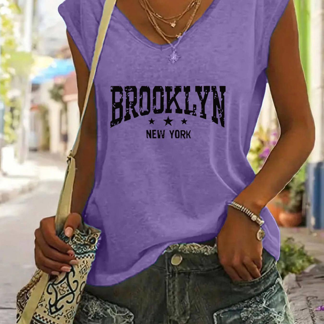 TEMU Plus Size, Women's Fashion Casual Spring/summer New Arrival, , Letter Placement Print V-neck Short Sleeve, Loose Fit Casual Base Tee, For Daily