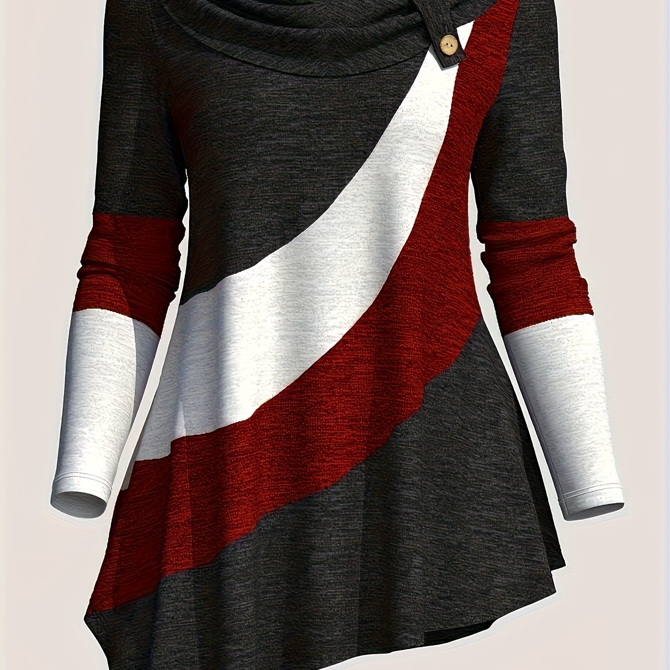 TEMU Plus Size, Plus Size Women's Collared Asymmetrical Hem Color Block Long Sleeve Top