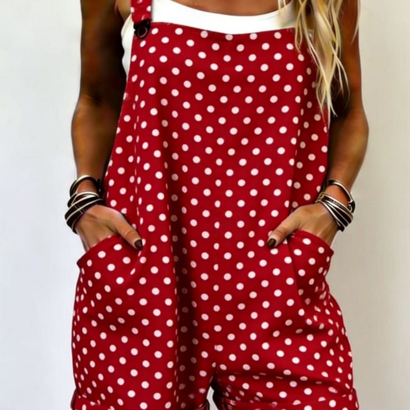 Image of Plus Size - Women's Fashionable Polka Dot Short Overalls. Soft Pink And White Polka Dots, Full Of Sweet And Cool ! Loose Fit That Hides Body, Suitable For All Body Types, Is Practical And Stylish