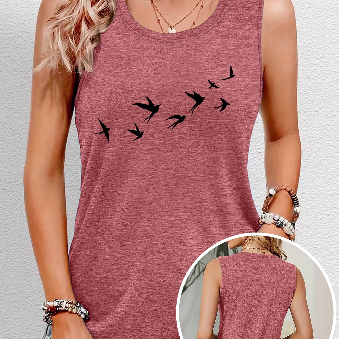 TEMU Women's Round Neck Tank Top With Flying Bird Silhouette Print, Comfortable, Soft, And Breathable, /summer , Fashionable For Commuting, Vacation,