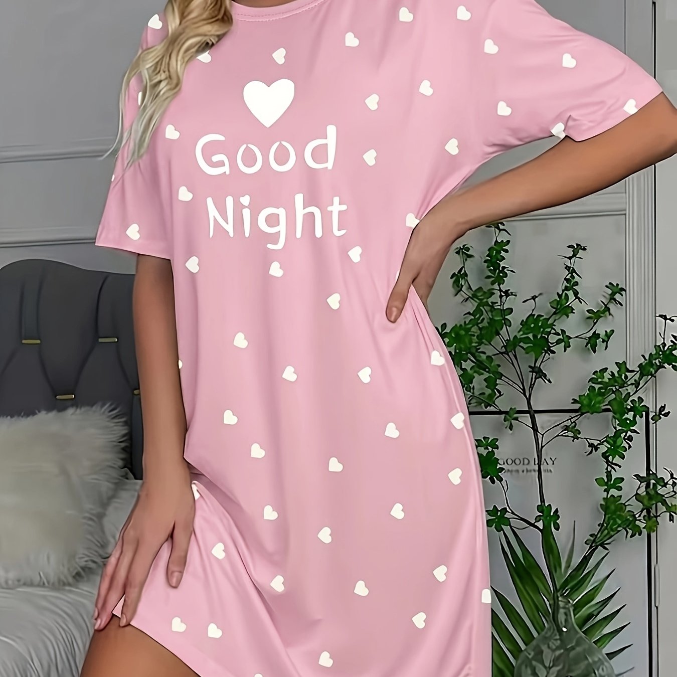 TEMU Pyjama Femme avec Slogan "" - Robe T-Shirt Confortable à Manches Courtes avec Col Rond et Ornements de Cœurs, Vêtement de Nuit en Toutes ,
