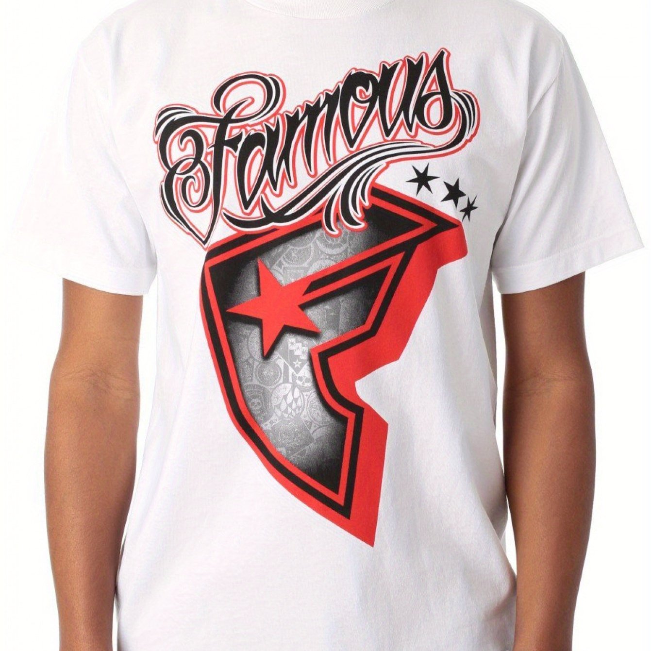 TEMU Men's Graphic T-shirt - White, Medium, Casual Short Sleeve Tee With "famous" Print & , Outdoor Activities, Parties, Valentine's Day, Father's Day