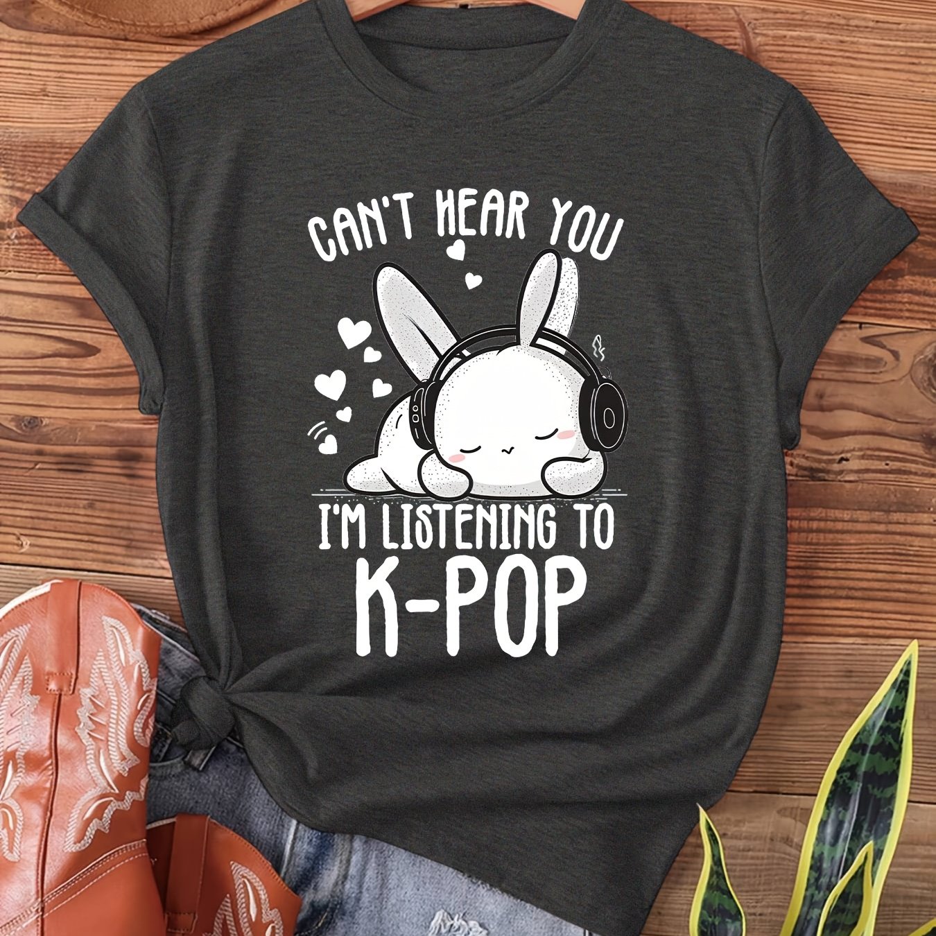 TEMU The Y-k-pop Rabbit Is Listening To Music But It. I'm Wearing A K-pop Rabbit Print T-shirt, A Casual Short-sleeve Crew Neck Top Suitable For