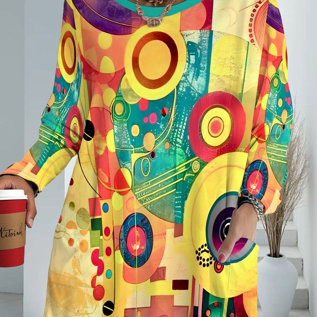 TEMU Women's Oversized Plus Size Full-body Geometric Print T-shirt - Loose Fit Long Sleeve Casual Blouse With Pockets, Spring Summer Fall Wardrobe