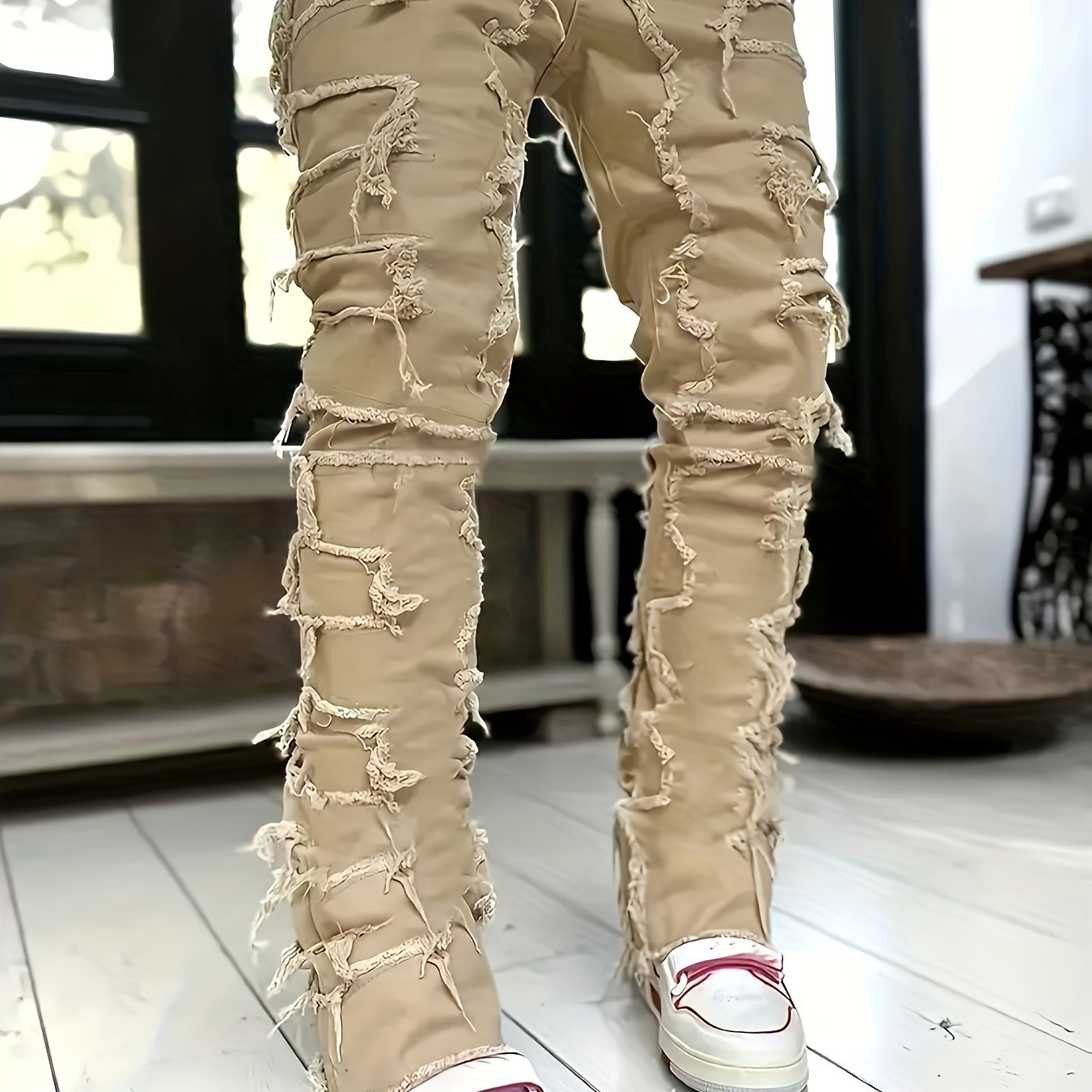 TEMU Men's Slim Fit And Creative Tassel Decoration Straight Jeans, Men's Casual Streetwear Style Hip-hop Skateboard Rap Jeans