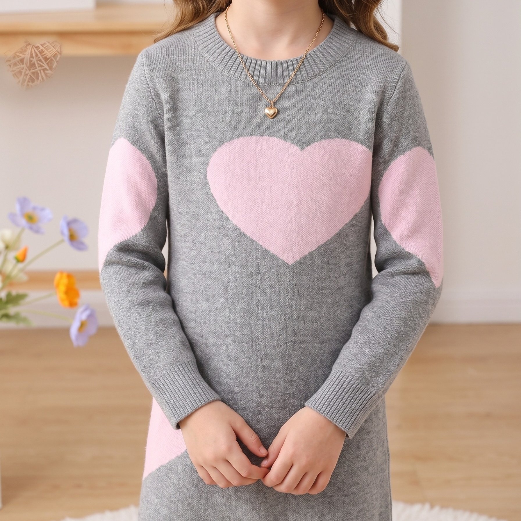 Image of Girls' Knit Sweater Dress With Heart Pattern & Color-blocking - Medium To Large Size -line Dress Suitable For, , Church - Spring/fall Casual Outfits For To (hand Washable)