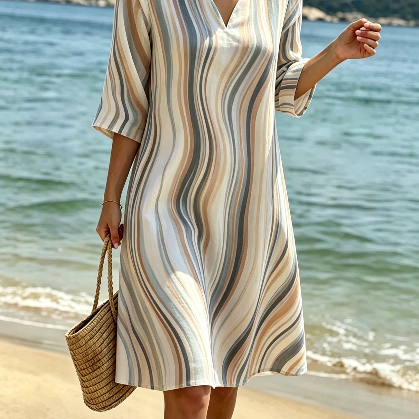 Women's Dress Summer Beach Vacation Striped V-neck Loose Fit Easy Comfortable Half-sleeve Breathable Figure-flattering Straight-cut Women's Summer Apparel Suitable For Beach Holidays Daily