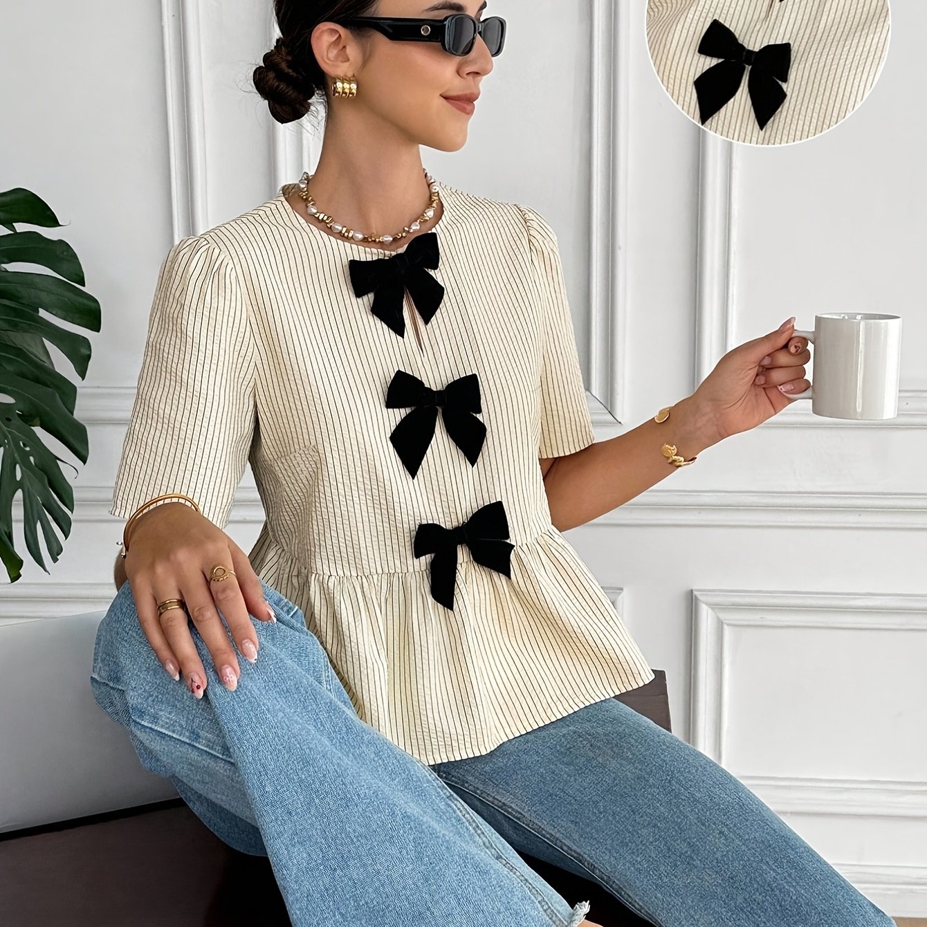 TEMU Women's Casual Striped And Bow Shirt, Elegant Striped Short Sleeve Blouse, Vintage Black Bow Detail, Loose With Trim, Apricot Shirt, Women's