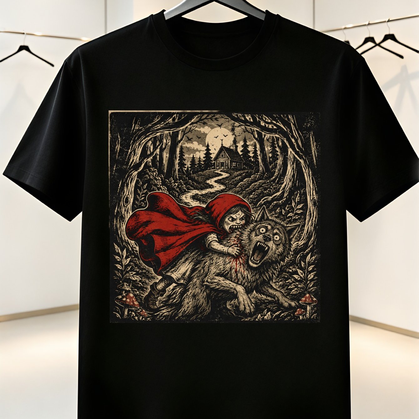 Image of T-shirt Red Hooded Fairy Tale Girl Fighting A Wolf In Vintage Etching Graphic Gothic Style Unisex T-shirt