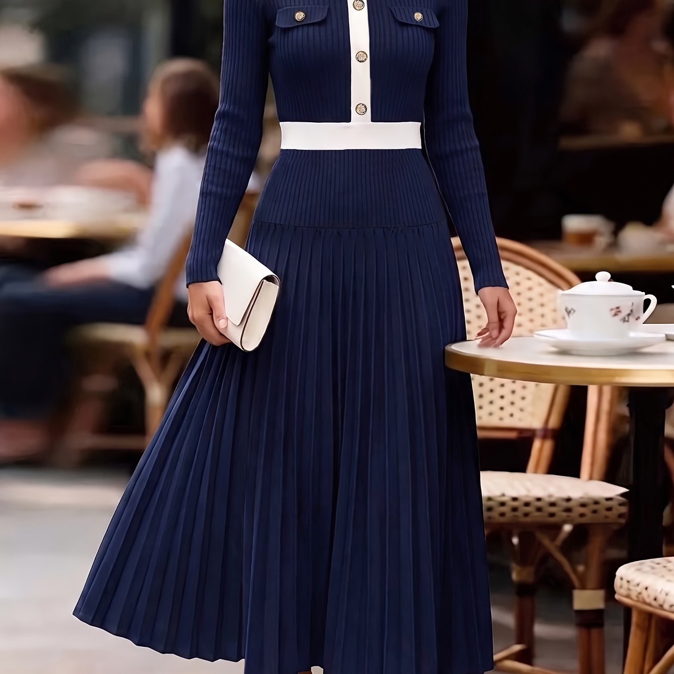 TEMU Classic Elegant Style Contrast Color Dress For Women With Golden Button , Pockets, Ribbed Texture, Long Sleeves, High Waist, Pleated Hem, Long