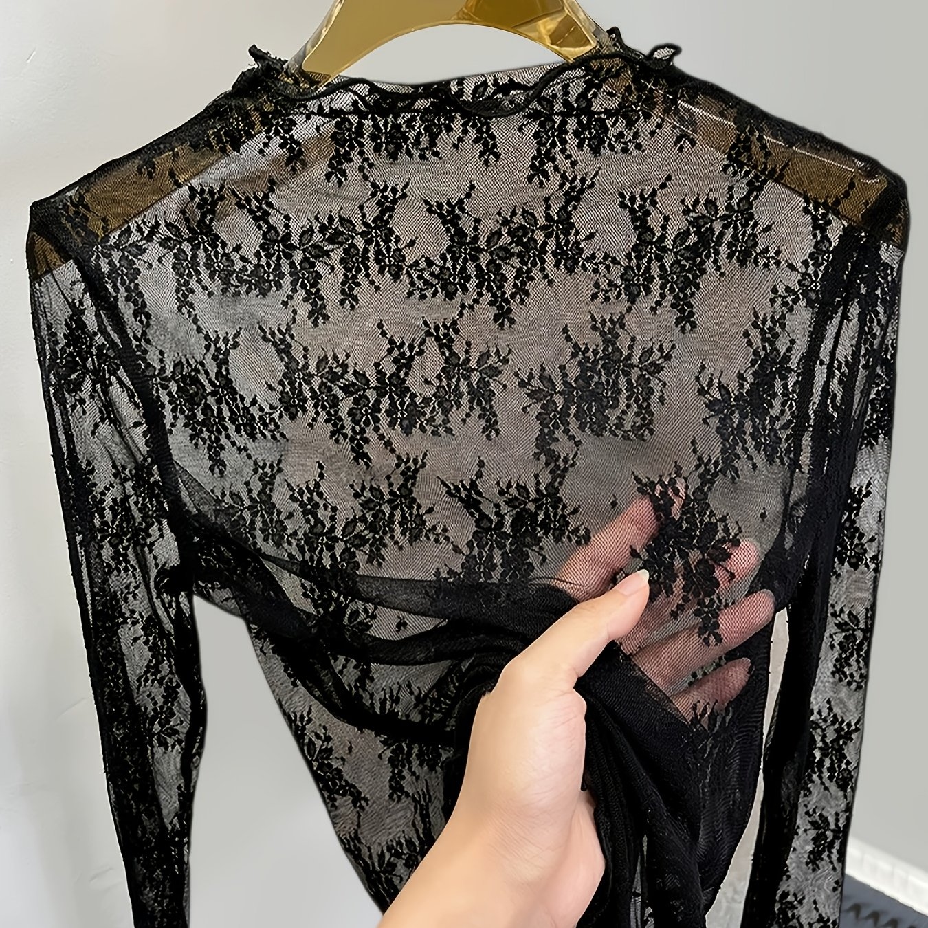 TEMU Women's T-shirt Top, Lace Blouse, Thin Style, Suitable For All-year Wear, Elegant Women's Apparel, High-neck Sheer Mesh Long-sleeve Base Layer,