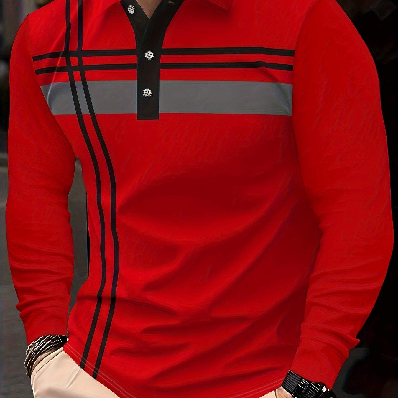 TEMU Men's Fashion Shirt - Long Sleeve, Stretch Fabric, Printed Stripes With Vertical Rib Detailing, Casual Fitness -garde, 100% Polyester, Ideal For