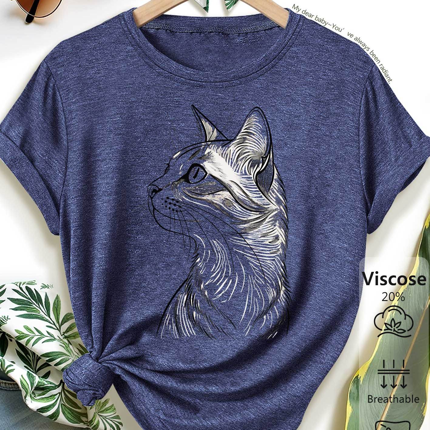 TEMU Summer New T-shirt Women's Cat Side Drawing Print Daily Outing Vacation Summer Outing Outfit Spring Summer Autumn Elegant Retro Style Loose Fit