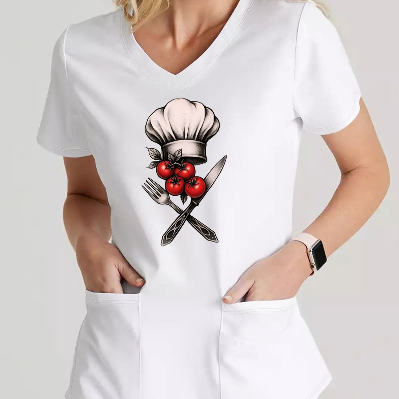 TEMU Plus Size, V-neck T-shirt, , Tomato Print V-neck Top, Functional Patch Pocket, Uniform, Women's Apparel