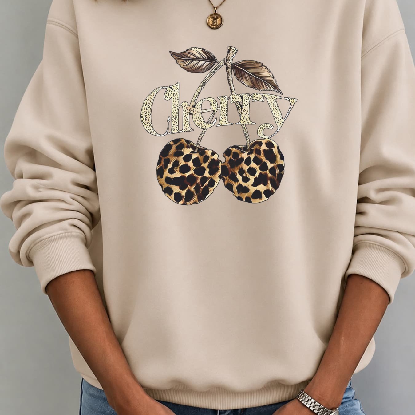 Image of Autumn/winter New Hoodie For Women: Loose Fit Casual Pullover With Cherry & Leopard Print, Soft & Breathable, Perfect For Daily Wear & Fall, Round Neck Sweatshirt
