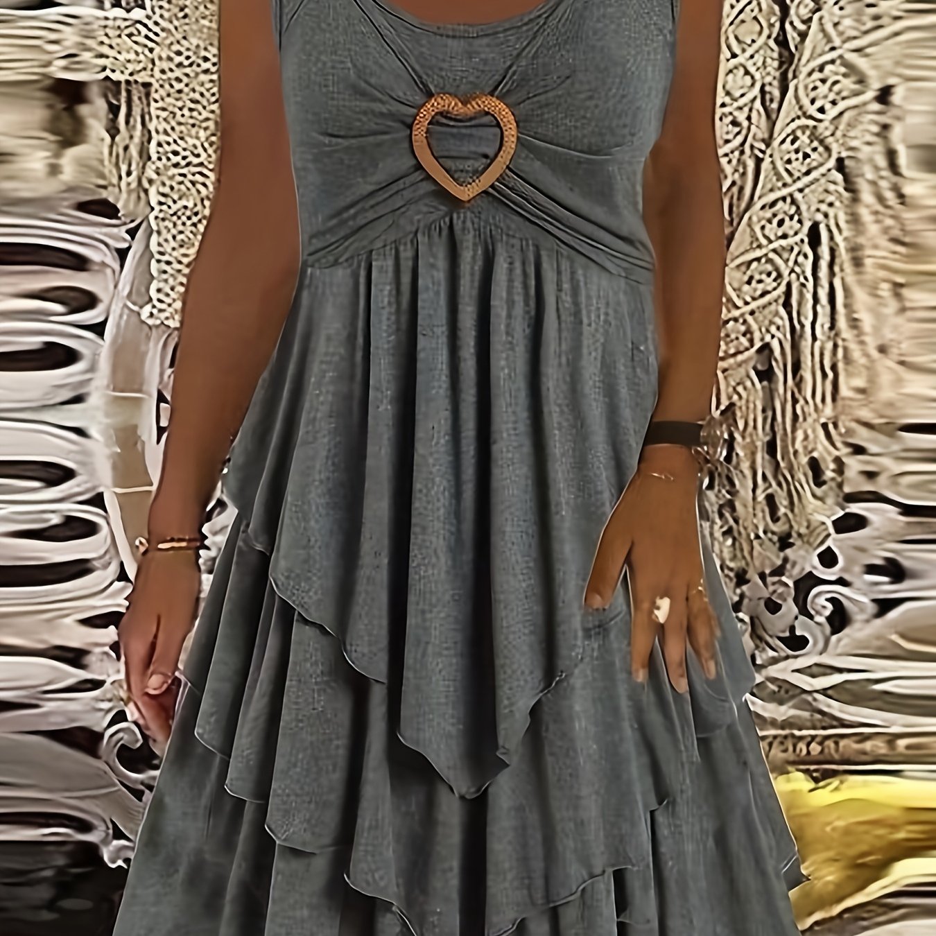 TEMU Summer Round-neck Hem Heart-shaped Waist Decoration Sleeveless Vest Women's Dress