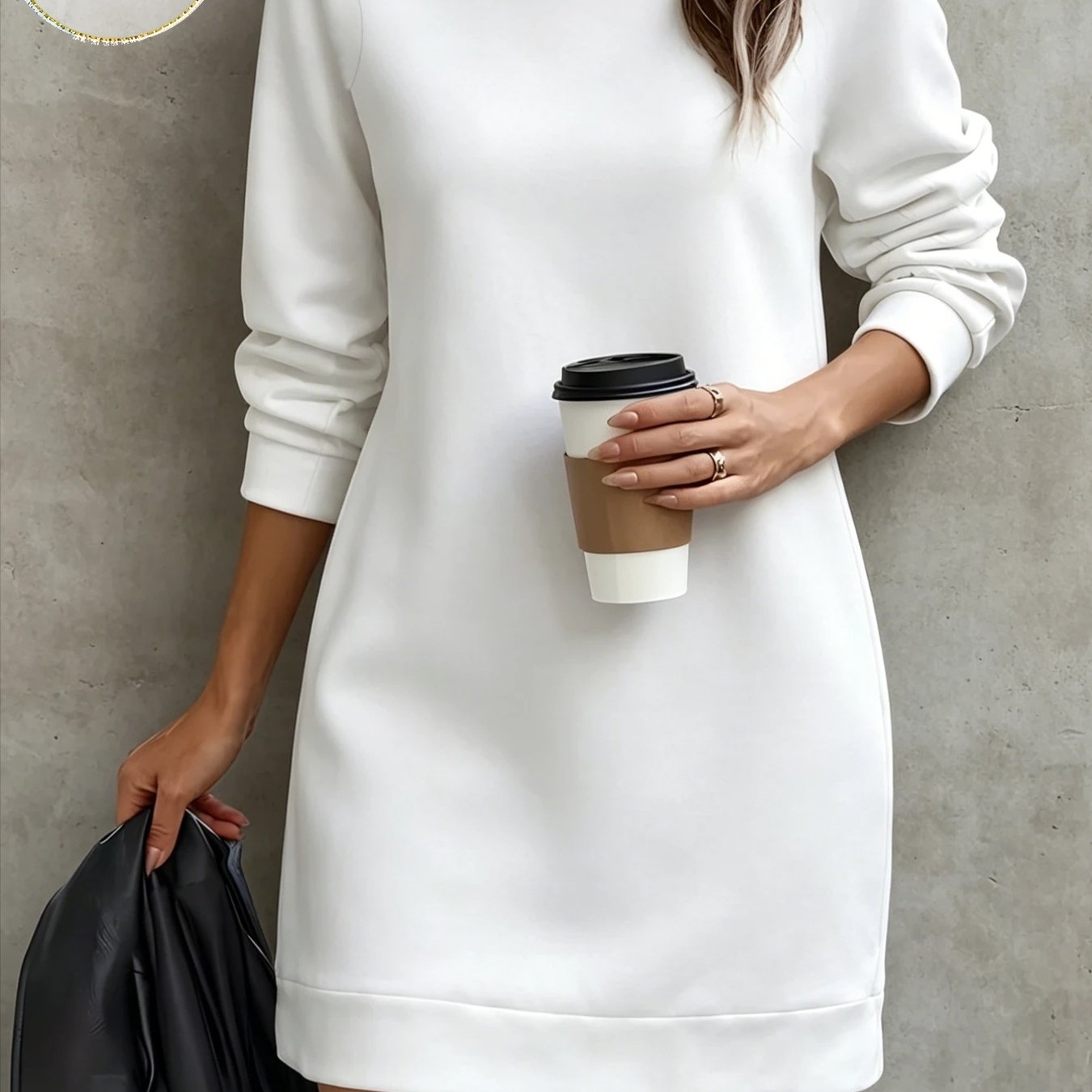 TEMU Sweat-shirt à manches longues pour femmes, style , col rond mi-long, coupe droite facile, couvrant les hanches, tissu et pour , haut décontracté