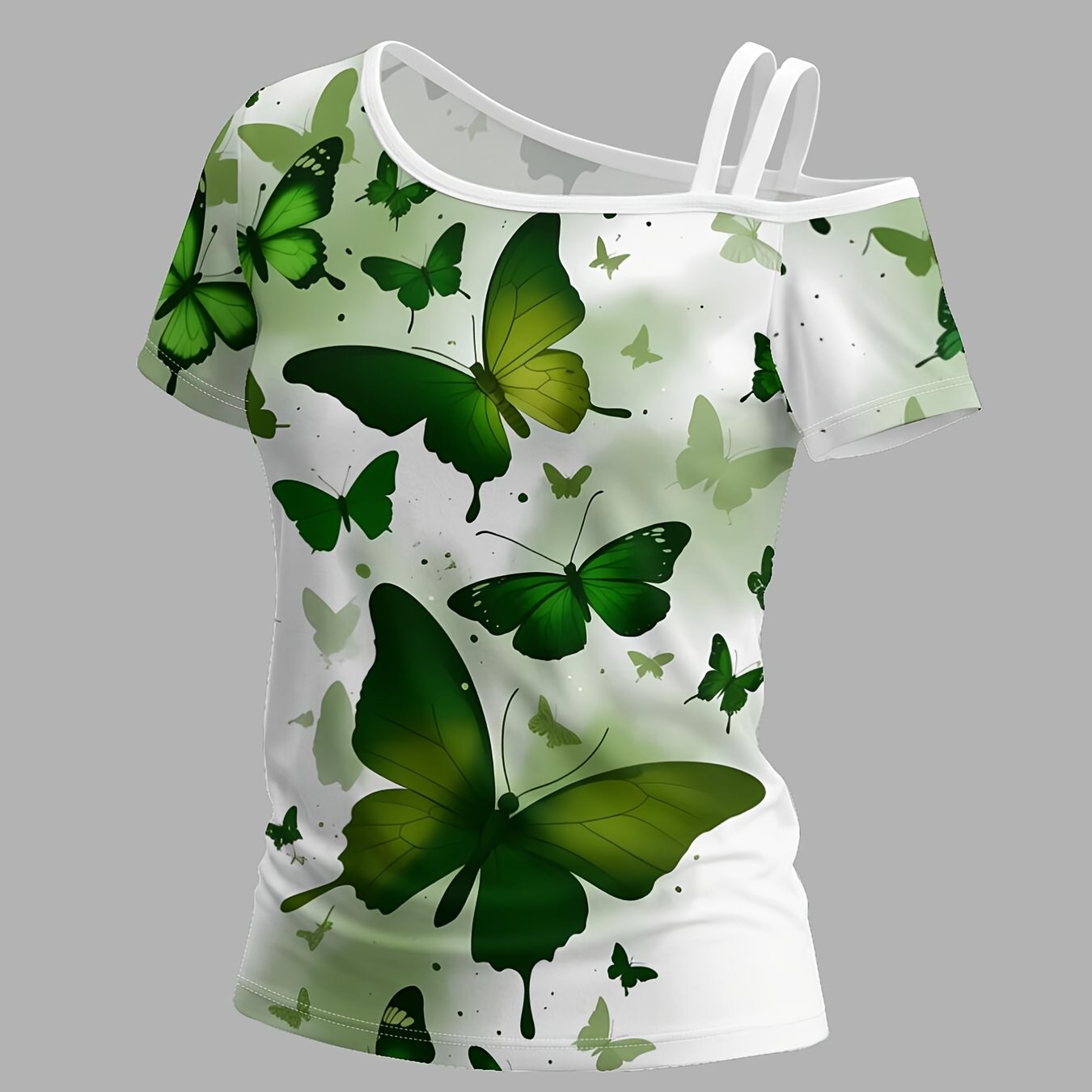 TEMU Green Printwomen's Off-shoulder Short-sleeved T-shirt With Single Shoulder Strap, Featuring A Unique Asymmetrical Design, Trendy Prints, Round