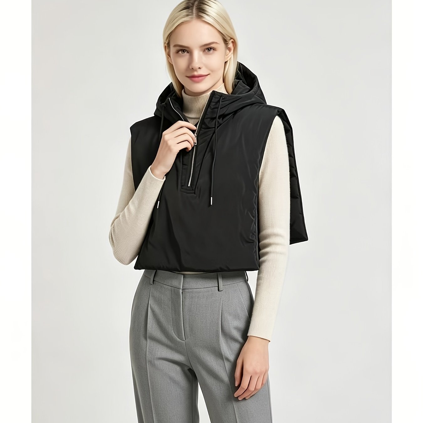 Image of Hooded Winter Unisex Versatile Neck Warmer Pullover Vest With Drawstring And Zipper, In 4 Colors