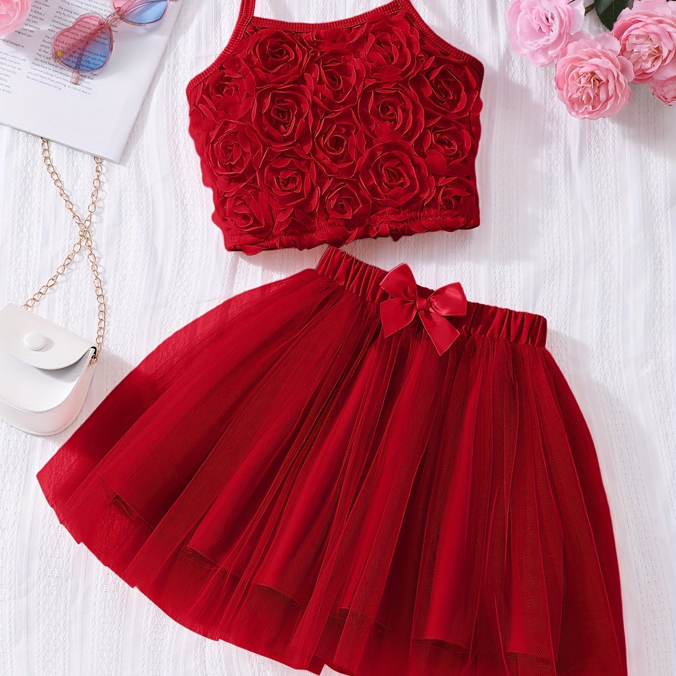 ' Fashion Camisole Floral Top And Tulle Skirt Half-skirt 2pcs Set Spring Summer