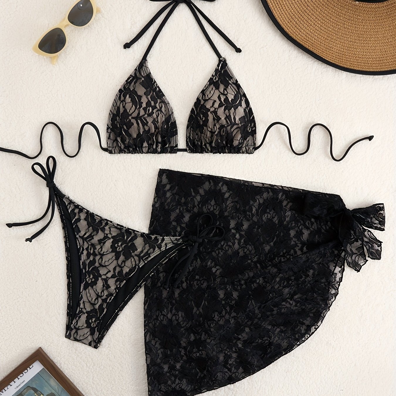 Lace Strappy Triangle Bag Tulle Skirt 3pcs Bikini Set
