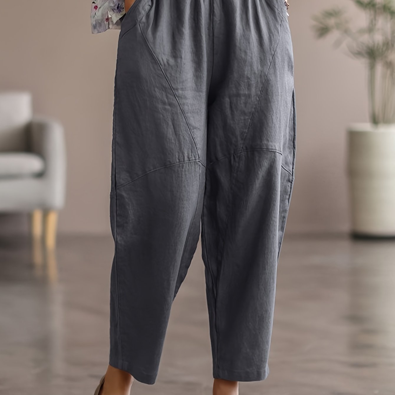 Loose Solid Color Elastic Waist Spliced Ankle Pants