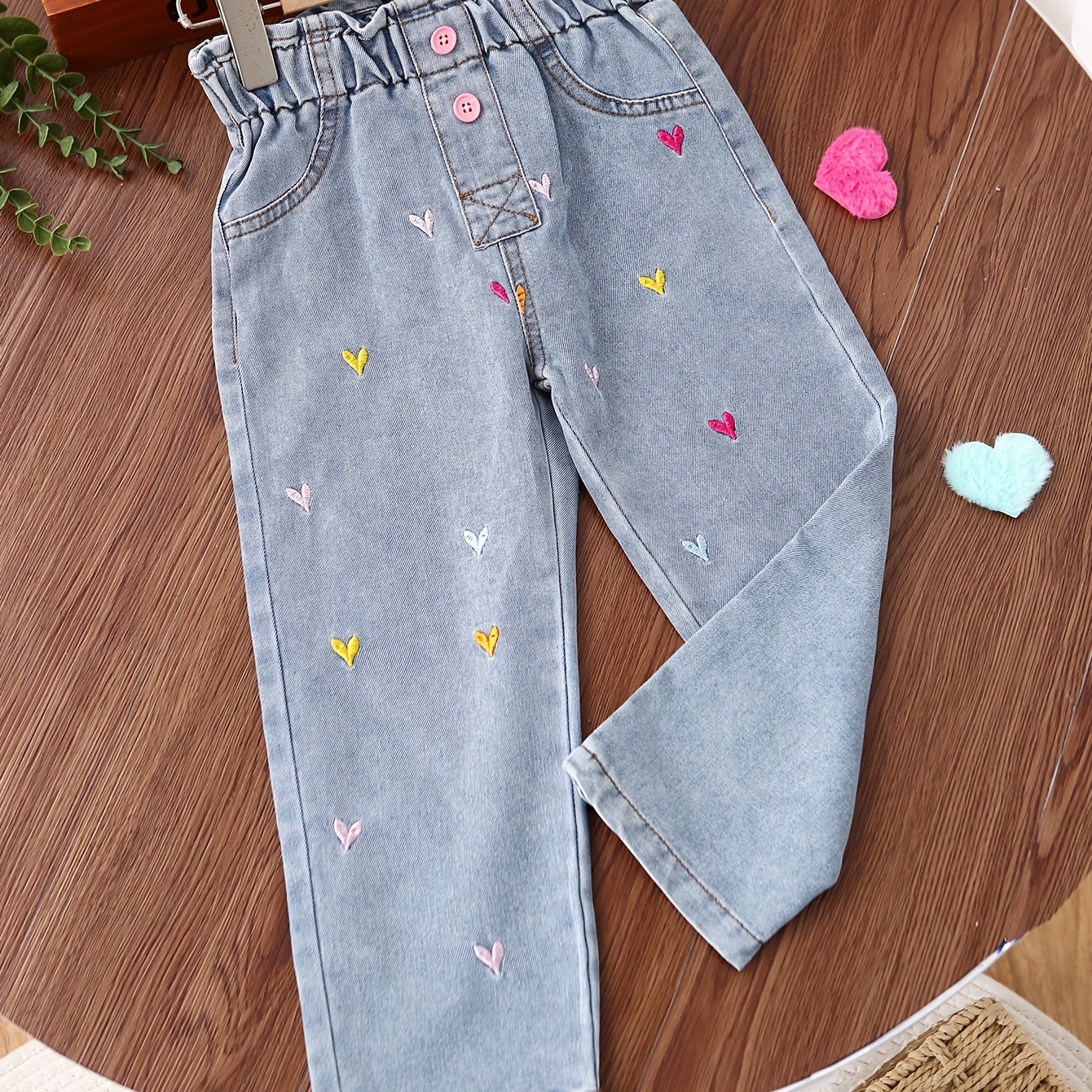 Image of Girls' Pink Embroidered Heart & Button Jeans With Elastic Waistband - Tapered Suitable For &, Machine Washable, Fabric, Casual Wear For, & Everyday Outfits