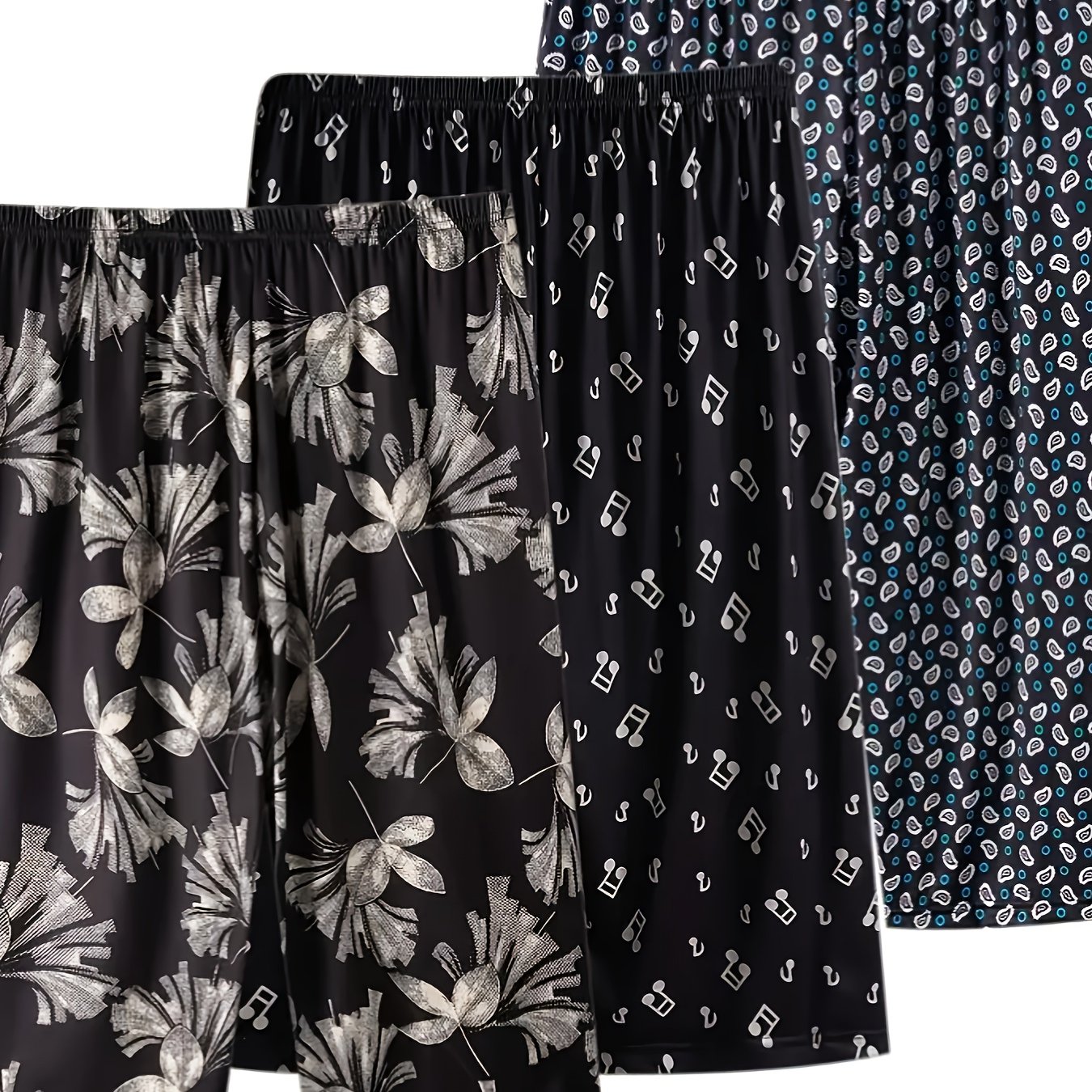 Plus Size Women's 3-pack Of Casual Printed 3/4 Length Pants - Black & White With Leaf Patterns, Lightweight Polyester, Comfortable For Wear, Relaxed Fit Pants|leaf Pattern Pants|lightweight Fabric