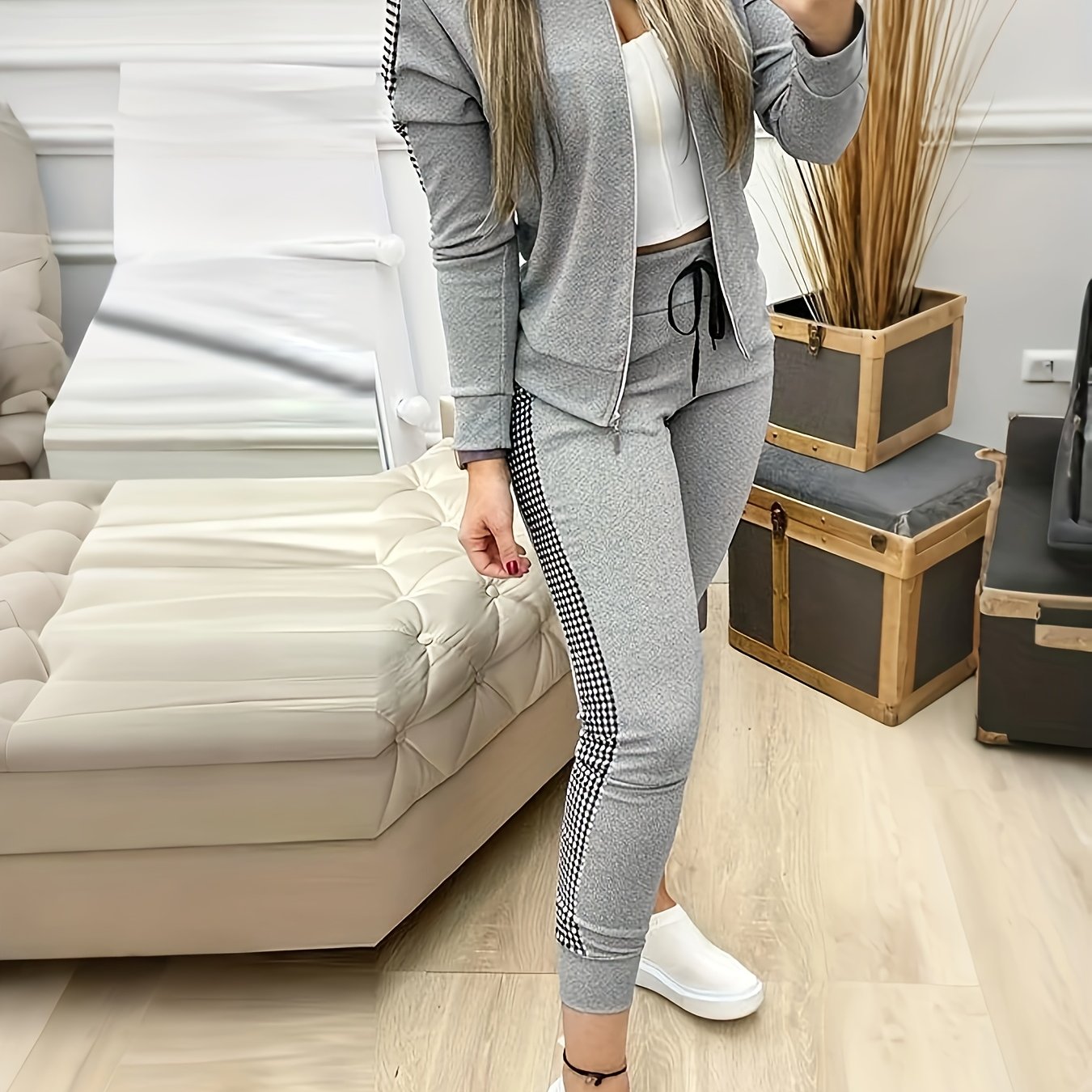 Fashion Casual Printed Color-block Zippered Top And Pants Set - Summer