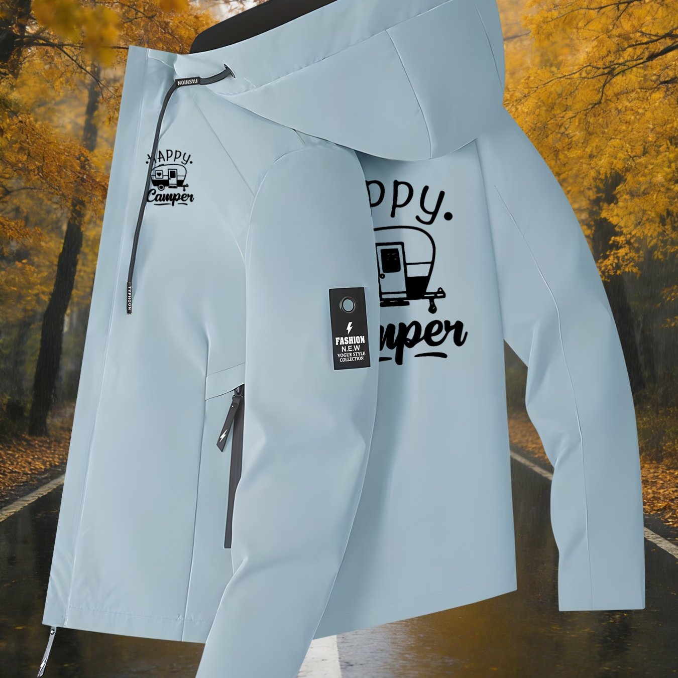 TEMU Women's Jacket,   And Heart Decoration Pattern Print Long Sleeve Zipper Pocket Hooded Windbreaker, Lightweight Warm Women's Windbreaker Jacket,