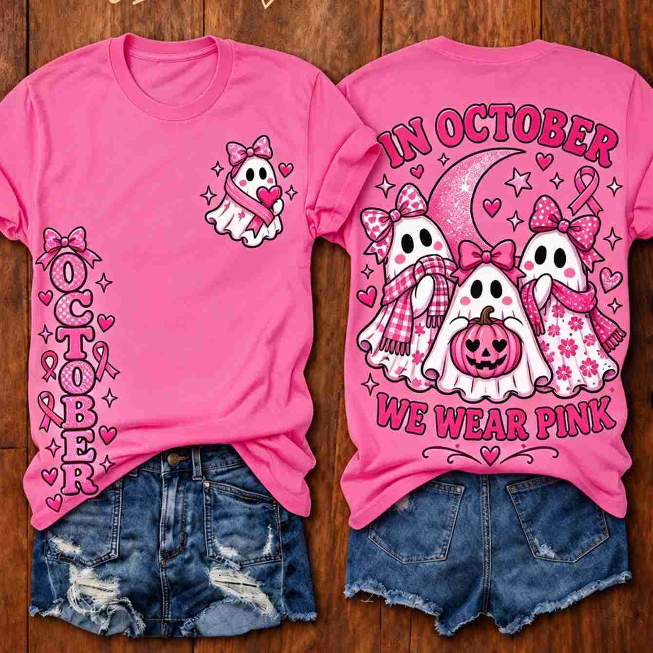 TEMU Women's Short Sleeve Round Neck Graphic T-shirt Cute Cartoon Ghost Pumpkin Pink Bow Print In October Casual Loose Fit Autumn Fall Halloween