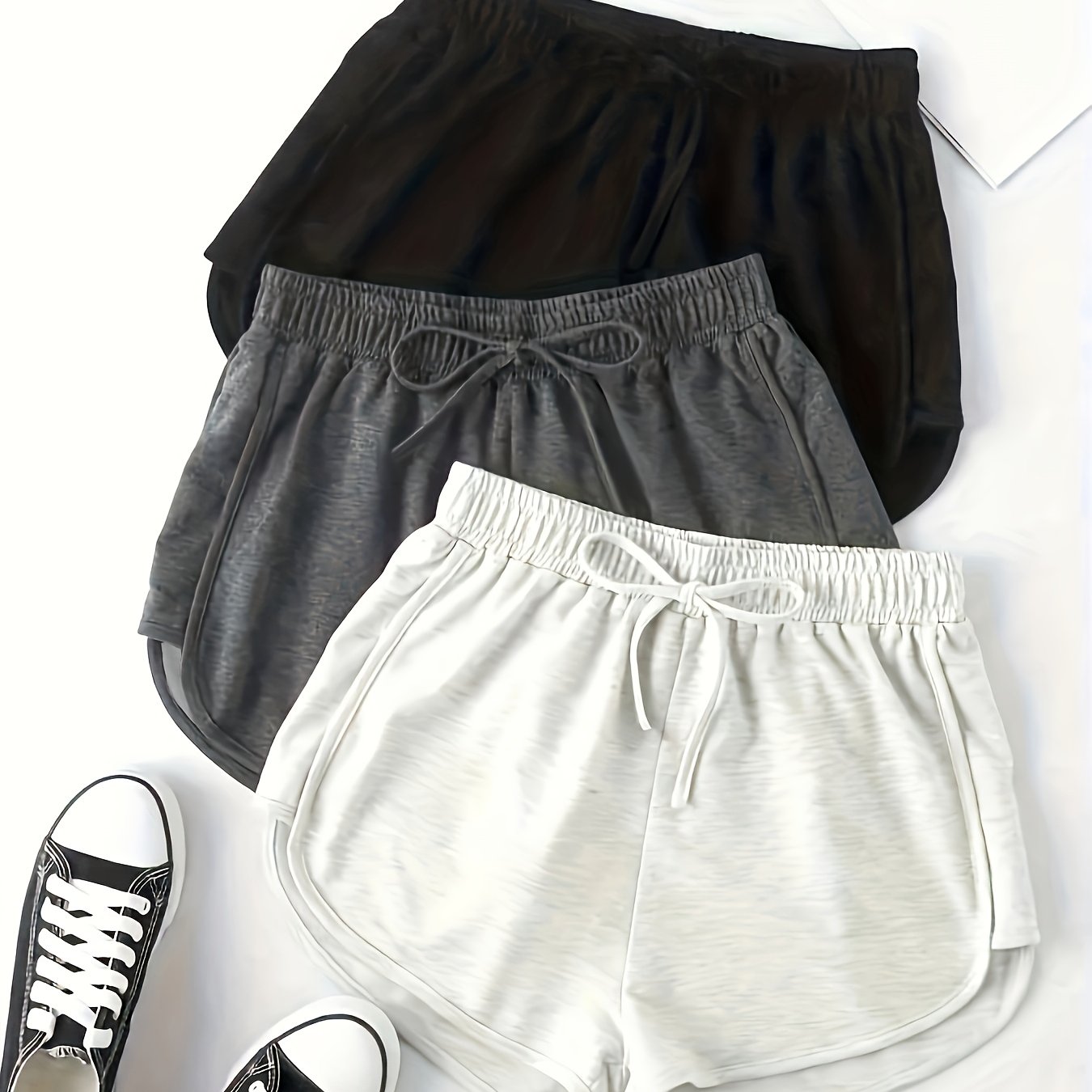 3pcs Set Solid Drawstring Running Shorts, Elastic Waist Casual Dolphin Shorts, Women's Clothing