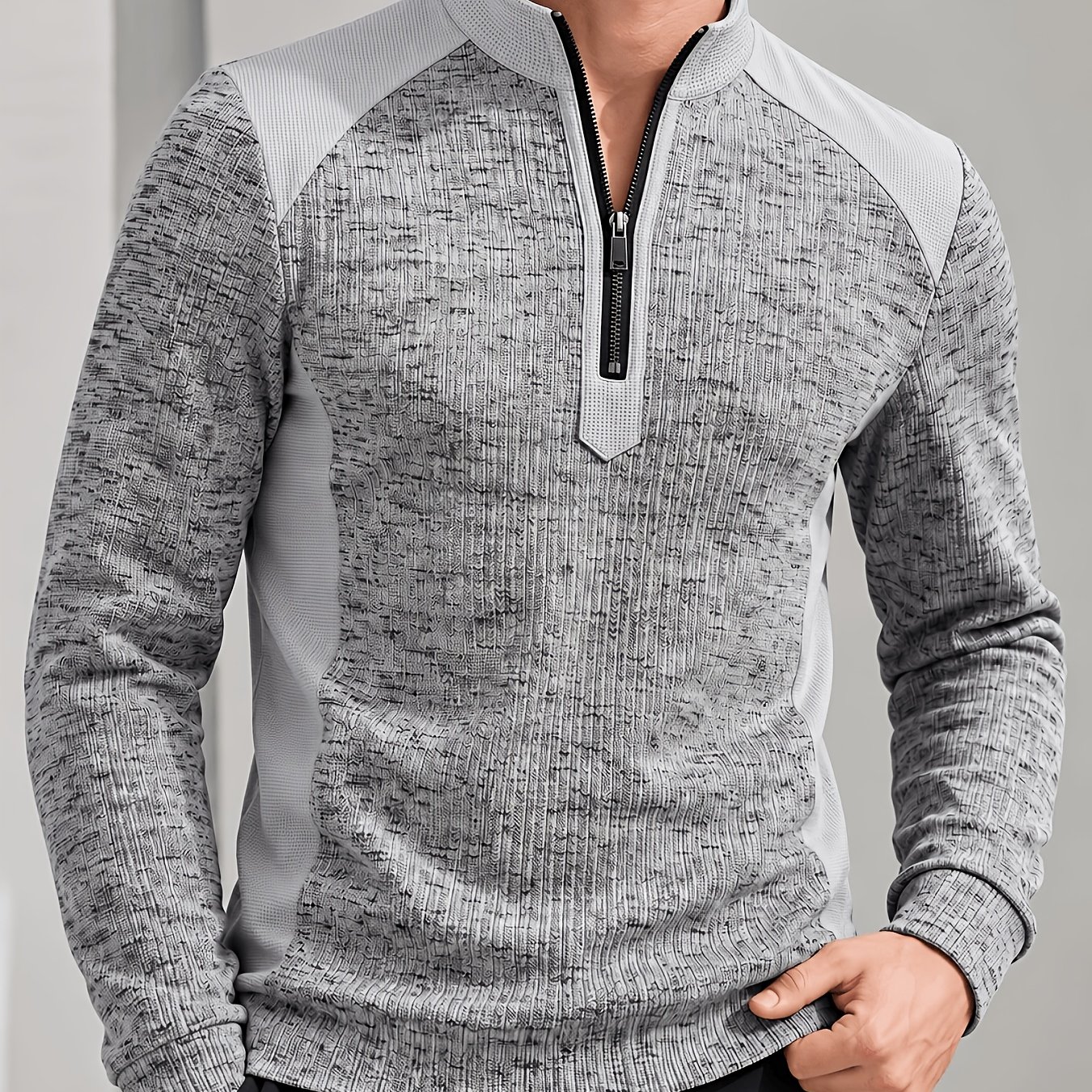 TEMU Men's Urban Sporty Heathered Knit-textured Half-zip Stand Collar Long Sleeve Pullover, Contrast Light Gray Shoulder Panels And V-shaped Front