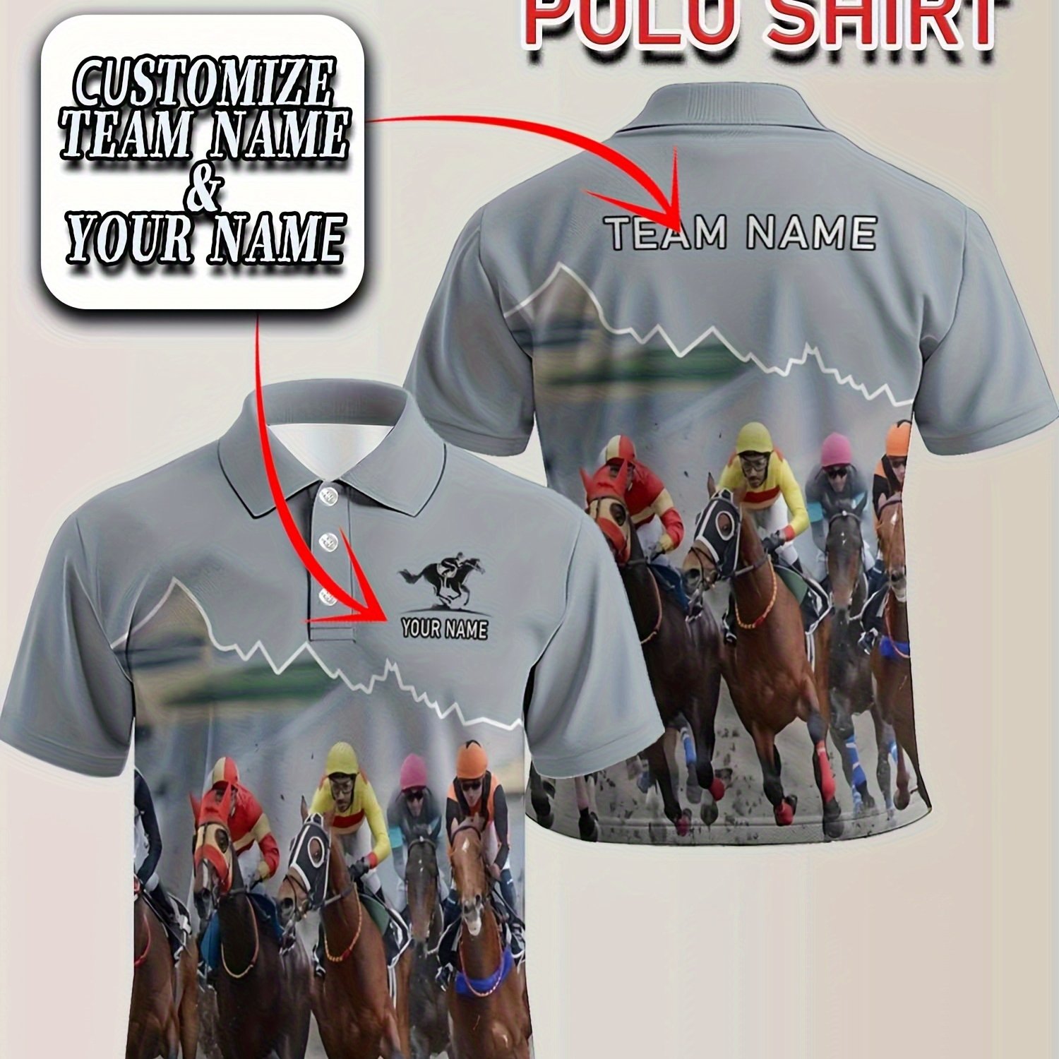 TEMU Custom Name Men's Shirt With Collar - 3d Print Horse , Short Sleeve, Stretch For Sports And Casual Wear, Available For Team Uniforms,