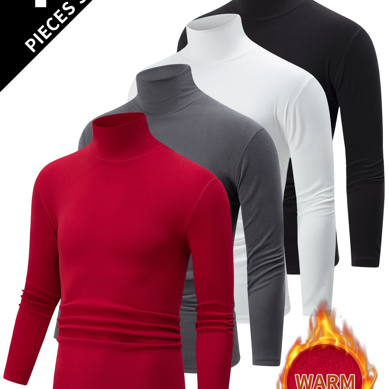 TEMU 4pcs Set Men'-sided Turtleneck Long-sleeve T-shirt, Autumn/winter Lapel Thickened Warm Casual Inner Layer Brushed Base Layer Sweatshirt Top