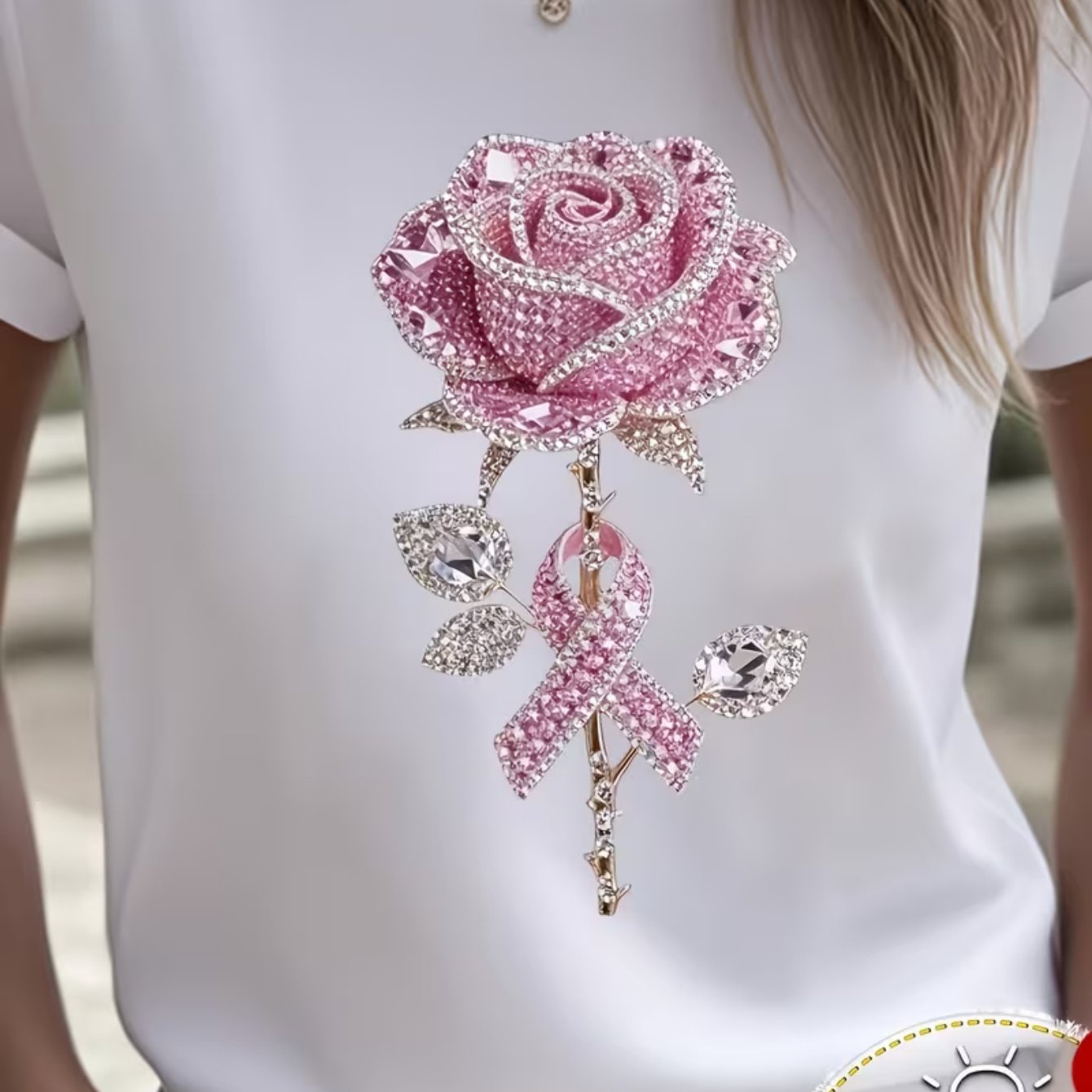 TEMU T-shirt à manches courtes et col rond pour femmes, avec strass et pour la sensibilisation, hauts graphiques, t-shirts imprimés avec fleurs en